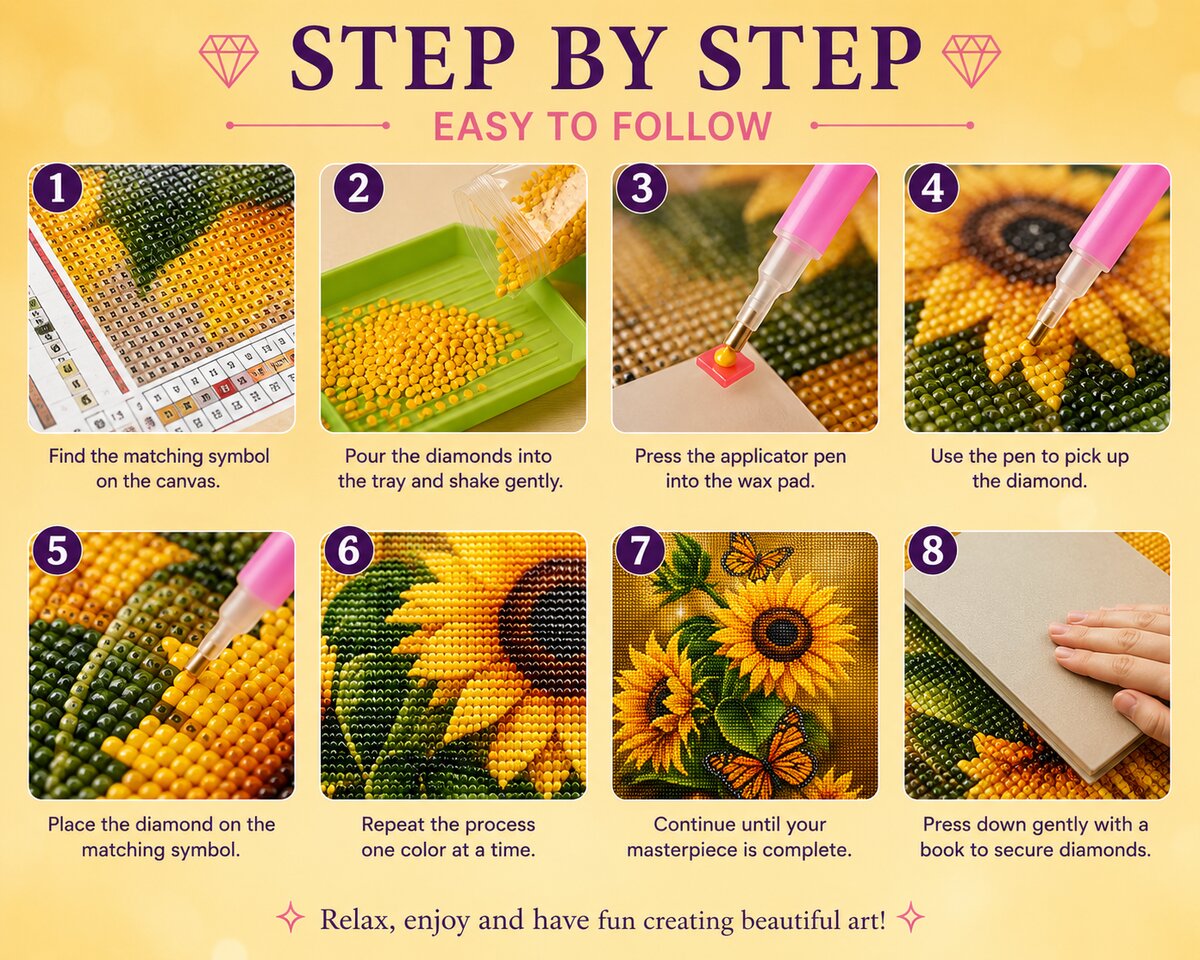Eight step instructions for completing a diamond painting kit from finding symbols to pressing diamonds secure | Azurra Shop