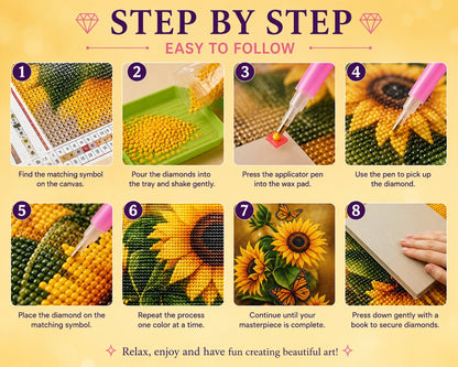 Eight step instructions for completing a diamond painting kit from finding symbols to pressing diamonds secure | Azurra Shop