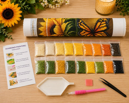 Diamond painting kit supplies including rolled canvas, 18 numbered diamond bags, tray, pen, and tweezers | Azurra Shop