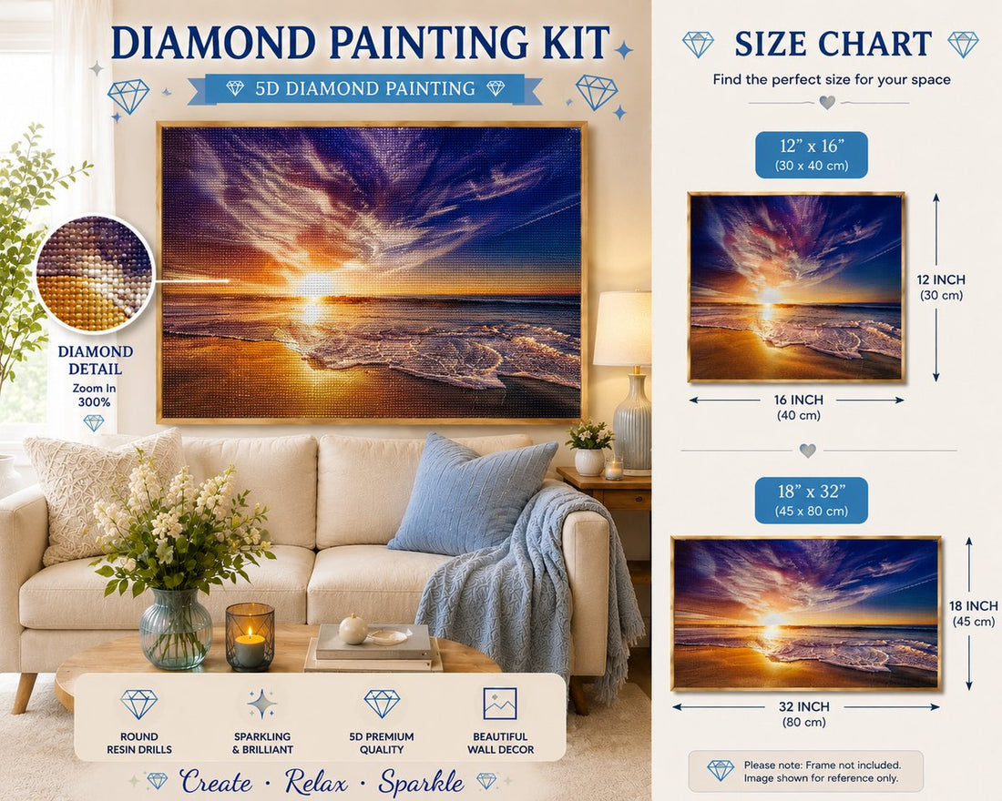 Framed purple sky ocean sunset diamond painting displayed in a cozy living room | Azurra Shop