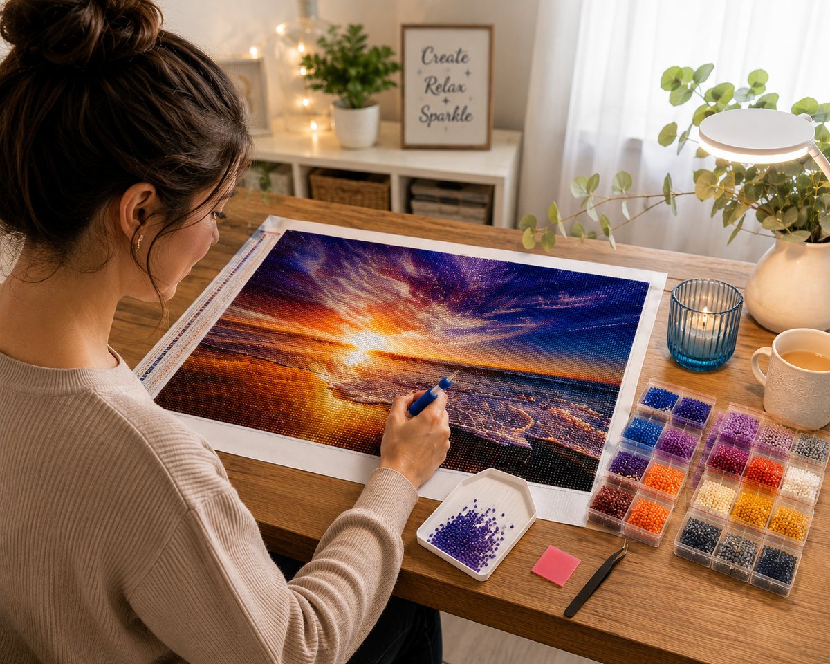 Working on the purple sky ocean sunset kit at a cozy desk with drill tools nearby | Azurra Shop