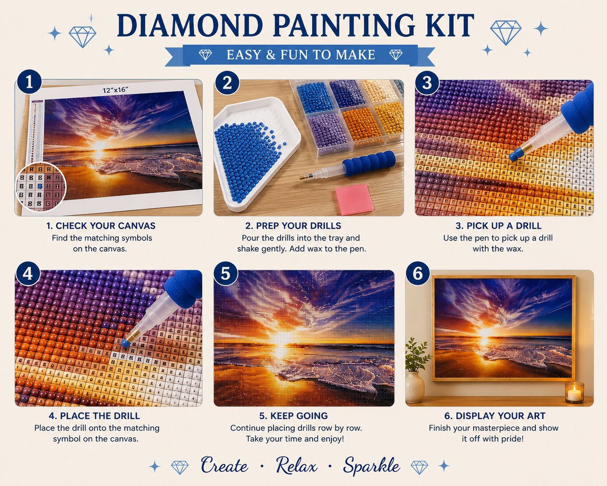 Step by step guide showing how to complete the purple sky ocean sunset diamond painting | Azurra Shop