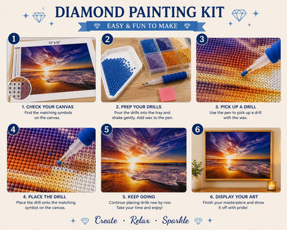 Step by step guide showing how to complete the purple sky ocean sunset diamond painting | Azurra Shop