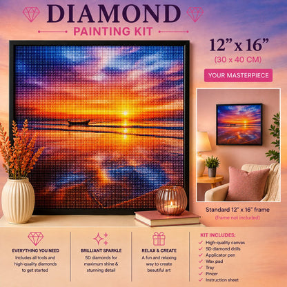 Framed ocean sunset with a lone boat diamond painting displayed in a cozy living room | Azurra Shop