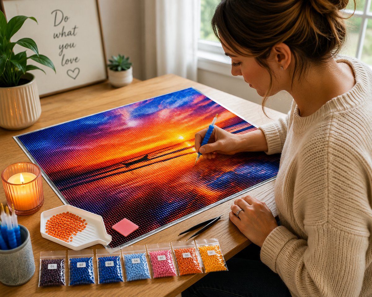 Working on the ocean sunset with a lone boat kit at a cozy desk with drill tools nearby | Azurra Shop