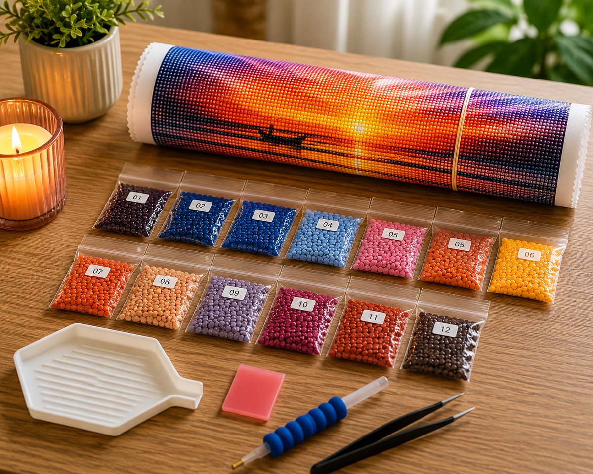 Rolled canvas and supplies for the ocean sunset with a lone boat kit, including drill packets, applicator pen, and wax pad | Azurra Shop