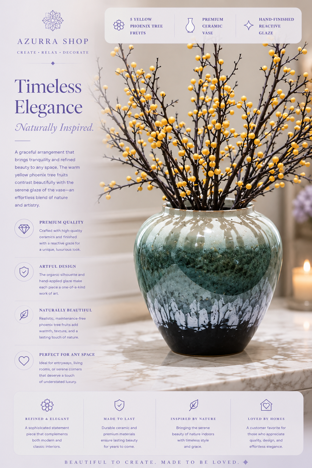 Close-up of yellow phoenix tree fruit buds on sculptural dark branches in reactive glaze teal ceramic vase — Azurra Shop
