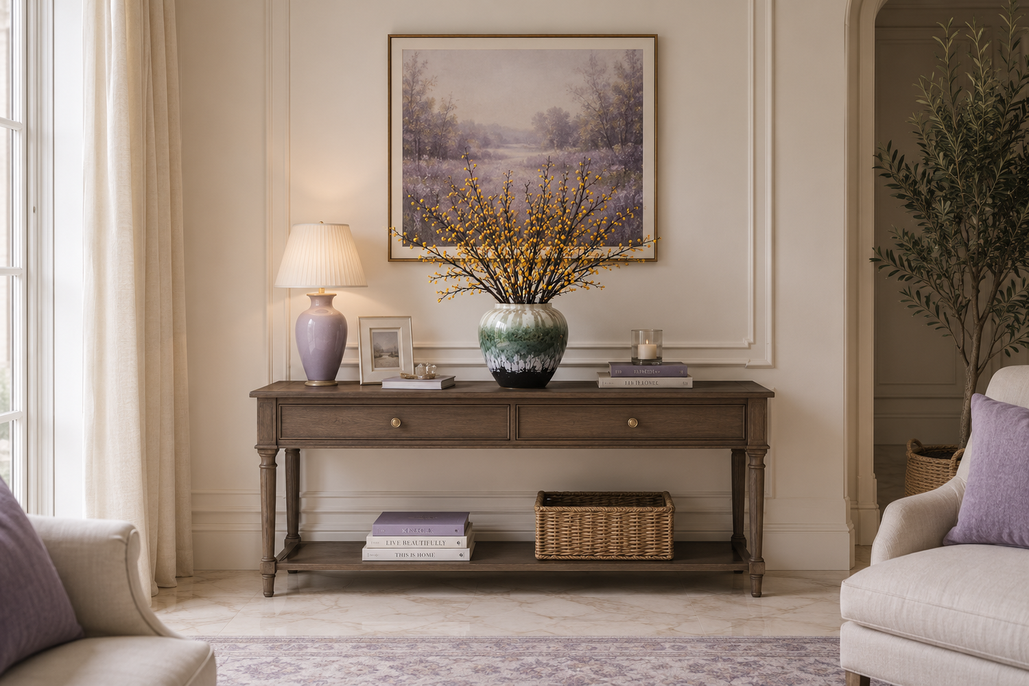 Yellow phoenix tree fruit branch ceramic vase styled on dark wood entryway console with lavender lamp and artwork — Azurra Shop
