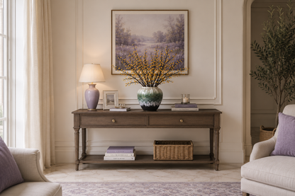 Yellow phoenix tree fruit branch ceramic vase styled on dark wood entryway console with lavender lamp and artwork — Azurra Shop
