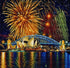 Finished Sydney Opera House and Harbour Bridge diamond painting kit artwork with a colorful fireworks display over the harbour | Azurra Shop