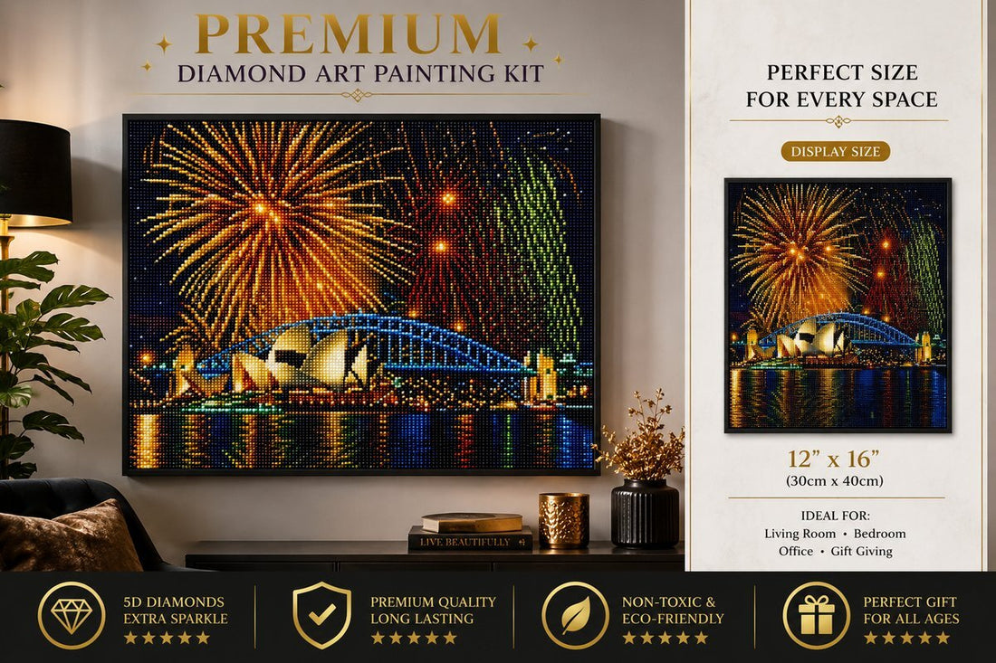 Sydney Opera House fireworks diamond painting kit framed artwork displayed on a wall | Azurra Shop