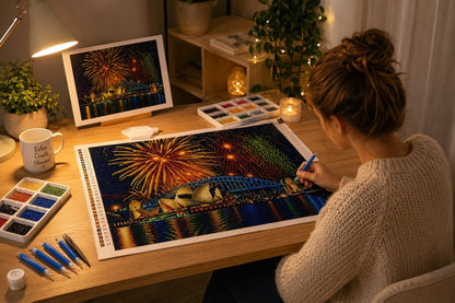 Working on the Sydney Opera House fireworks diamond painting kit at a cozy desk with a lamp | Azurra Shop