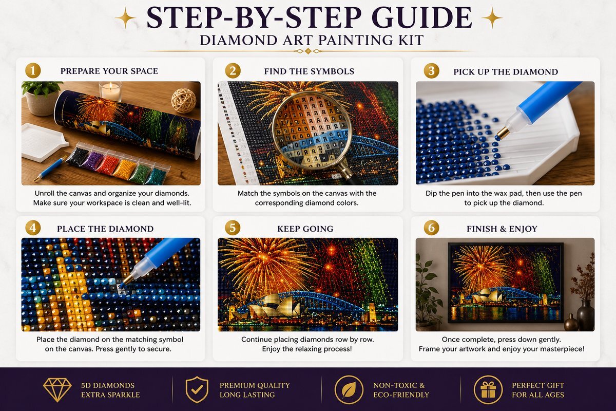 Step by step guide showing how to complete the Sydney Opera House fireworks diamond painting kit | Azurra Shop