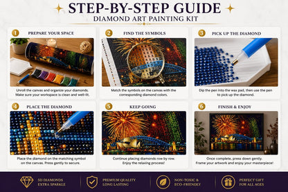 Step by step guide showing how to complete the Sydney Opera House fireworks diamond painting kit | Azurra Shop