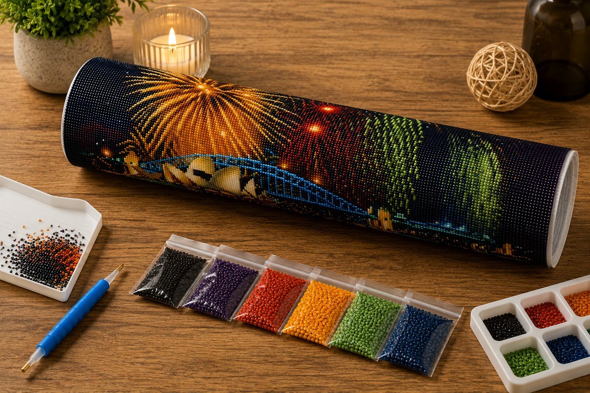 Rolled canvas and full supplies for the Sydney Opera House fireworks kit, including diamond packets and applicator pen | Azurra Shop