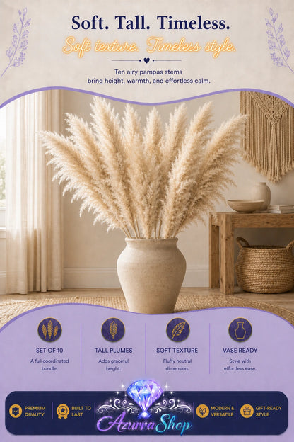 Tall beige pampas grass stems in a ceramic vase in a living room corner, with a header graphic reading &