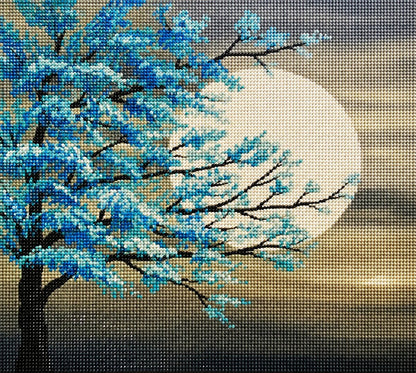 Finished teal cherry blossom moon diamond painting with a teal blossom tree silhouetted against a glowing full moon | Azurra Shop