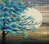 Finished teal cherry blossom moon diamond painting with a teal blossom tree silhouetted against a glowing full moon | Azurra Shop