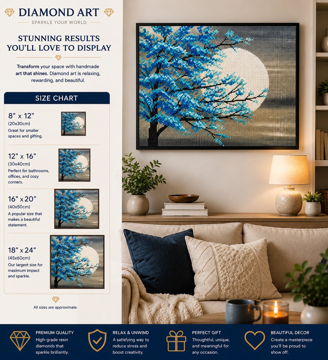 Teal cherry blossom moon diamond painting framed on a living room wall, available in 4 sizes from 8 by 12 to 18 by 24 inches | Azurra Shop