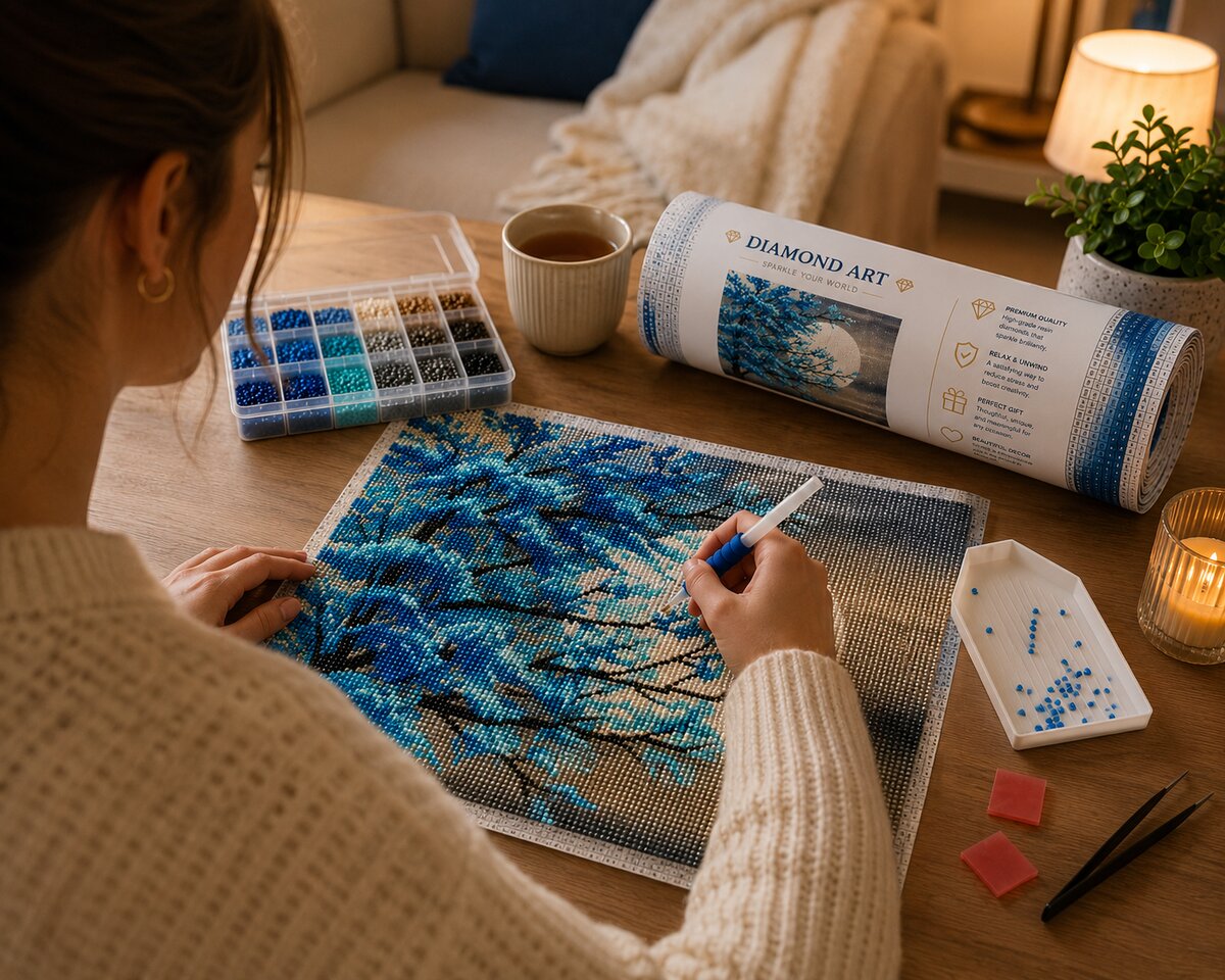 Woman placing diamonds on the teal cherry blossom moon canvas at a desk with tea and a candle | Azurra Shop