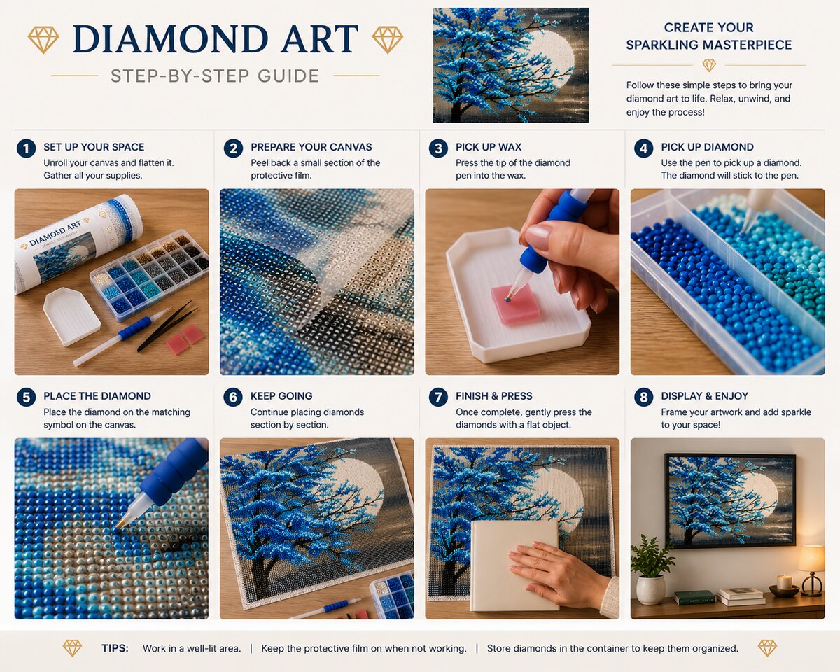 Eight step instructions for completing a diamond painting kit from canvas setup to framing | Azurra Shop