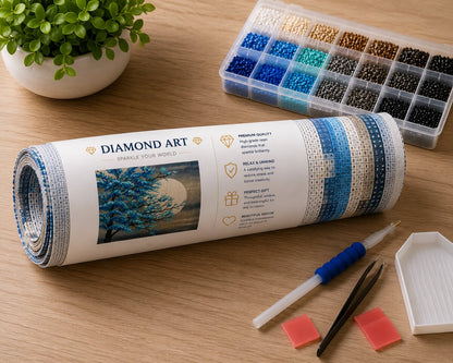 Diamond painting kit supplies including rolled canvas, numbered diamond bags, tray, and applicator pen | Azurra Shop