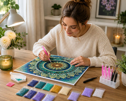 Woman placing diamonds on the teal and gold lotus mandala canvas at a desk with dahlias and a candle | Azurra Shop
