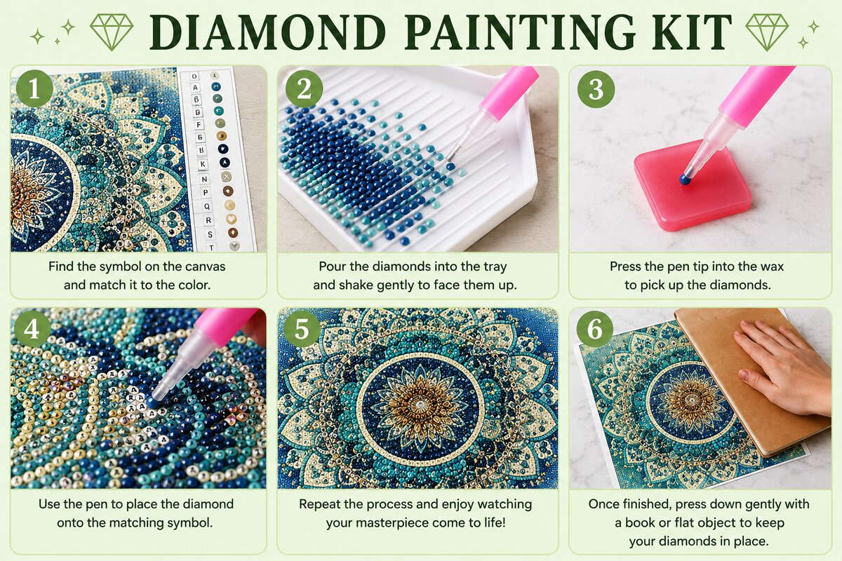 Six step instructions for completing a diamond painting kit from matching symbols to framing and display | Azurra Shop