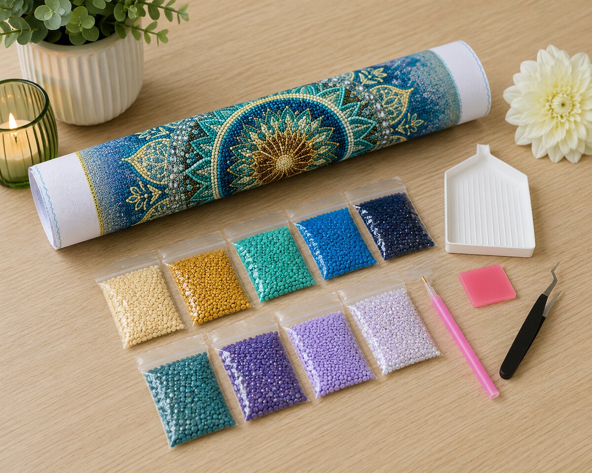 Diamond painting kit supplies including rolled canvas, sorted diamond bags, applicator pen, and tweezers | Azurra Shop