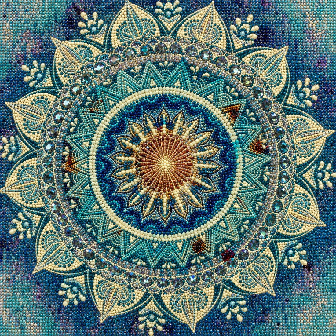 Finished teal and gold lotus mandala diamond painting with a copper sunburst center and cream petals with crystal rhinestones | Azurra Shop