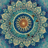 Finished teal and gold lotus mandala diamond painting with a copper sunburst center and cream petals with crystal rhinestones | Azurra Shop