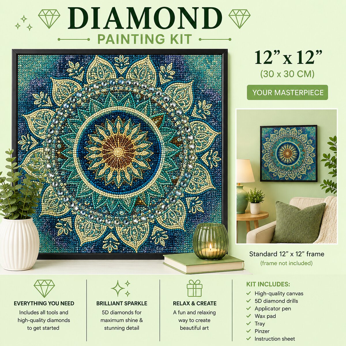 Teal and gold lotus mandala diamond painting framed on a wall, available in a 12 by 12 inch size | Azurra Shop