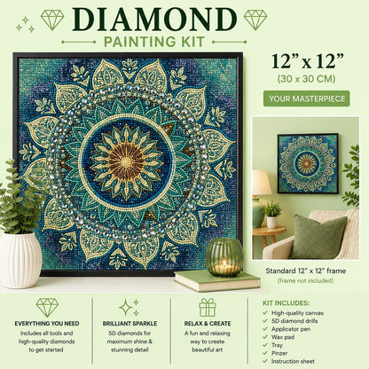 Teal and gold lotus mandala diamond painting framed on a wall, available in a 12 by 12 inch size | Azurra Shop