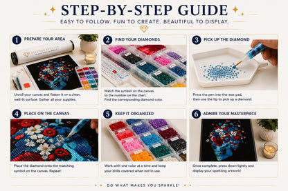 Six step guide showing how to complete a diamond painting kit from unrolling the canvas to the finished piece | Azurra Shop