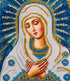 Close up of the finished Our Lady of Tenderness diamond painting, hands clasped in prayer with a golden halo and blue mandorla
