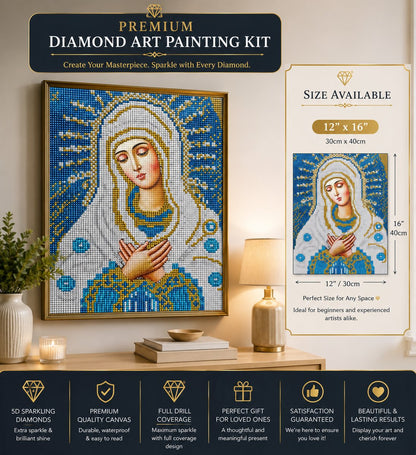 Our Lady of Tenderness diamond painting framed on a wall, shown with the size chart
