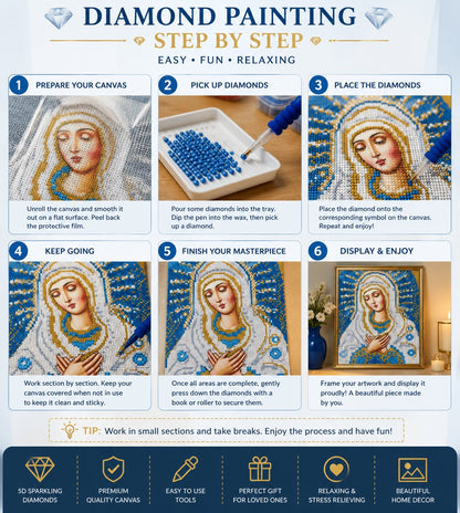 Step by step guide showing how to complete the Our Lady of Tenderness diamond painting