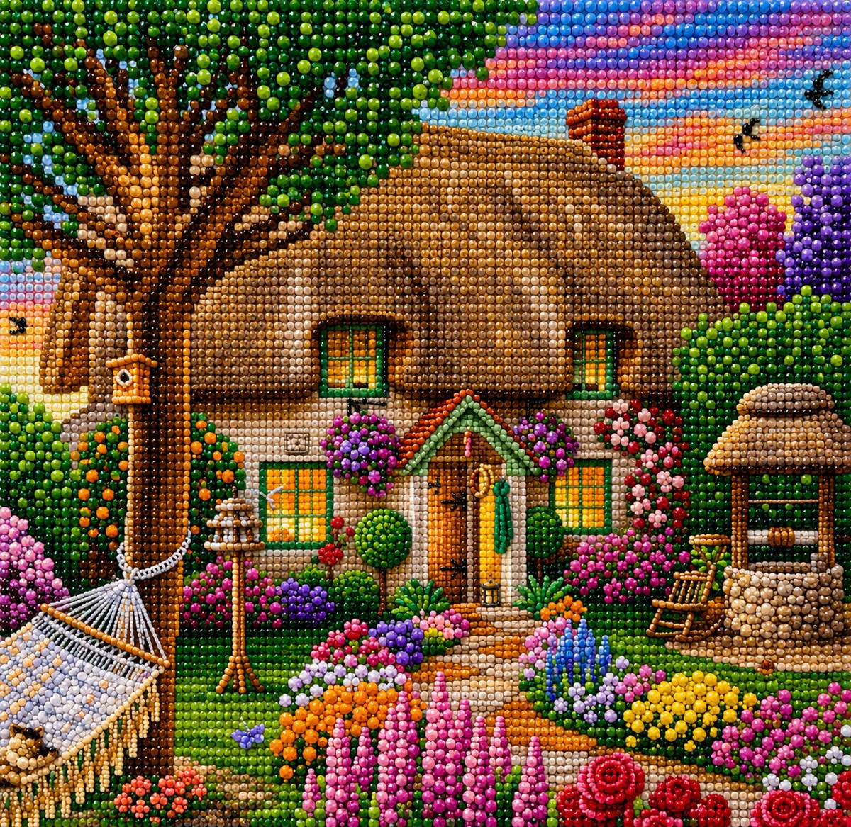 Close up of the finished thatched cottage and wildflower garden diamond painting with sparkling drills | Azurra Shop
