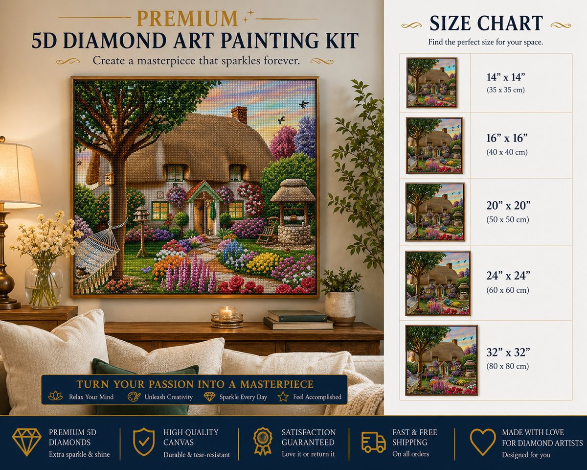 Framed thatched cottage and wildflower garden diamond painting displayed in a warm living room with size chart | Azurra Shop