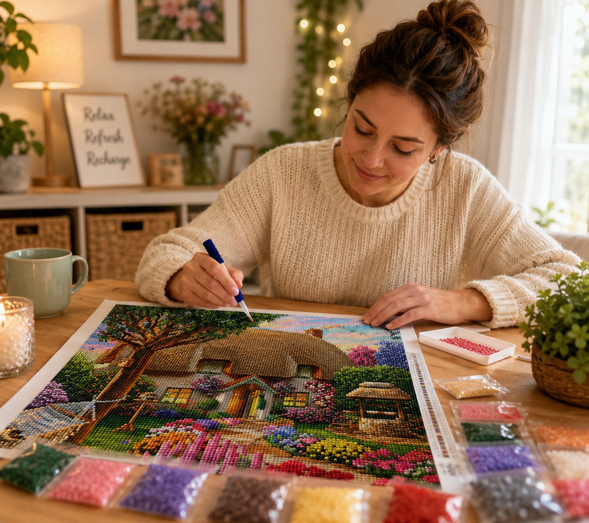 Working on the thatched cottage and wildflower garden kit at a warm wooden desk with a candle and mug | Azurra Shop