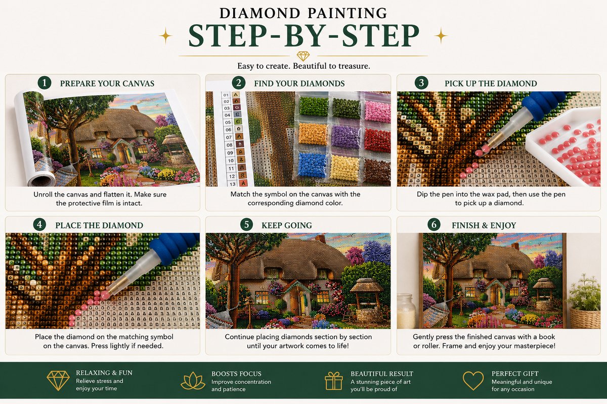 Six step guide showing how to complete the thatched cottage and wildflower garden diamond painting | Azurra Shop