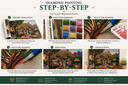 Six step guide showing how to complete the thatched cottage and wildflower garden diamond painting | Azurra Shop