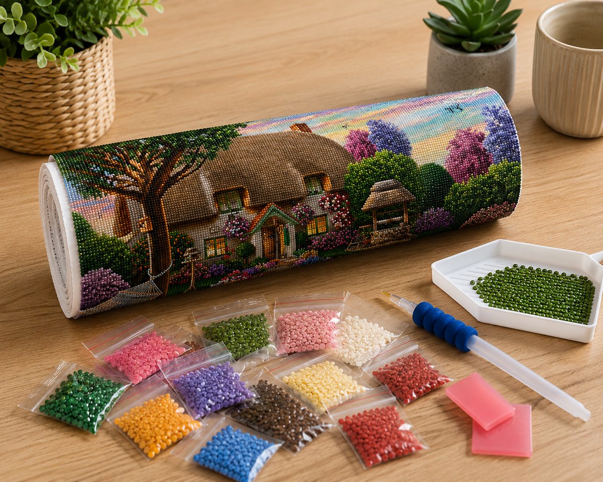 Rolled canvas and supplies for the thatched cottage and wildflower garden kit, including drill bags, applicator pen, and wax pad | Azurra Shop
