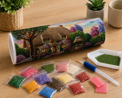 Rolled canvas and supplies for the thatched cottage and wildflower garden kit, including drill bags, applicator pen, and wax pad | Azurra Shop