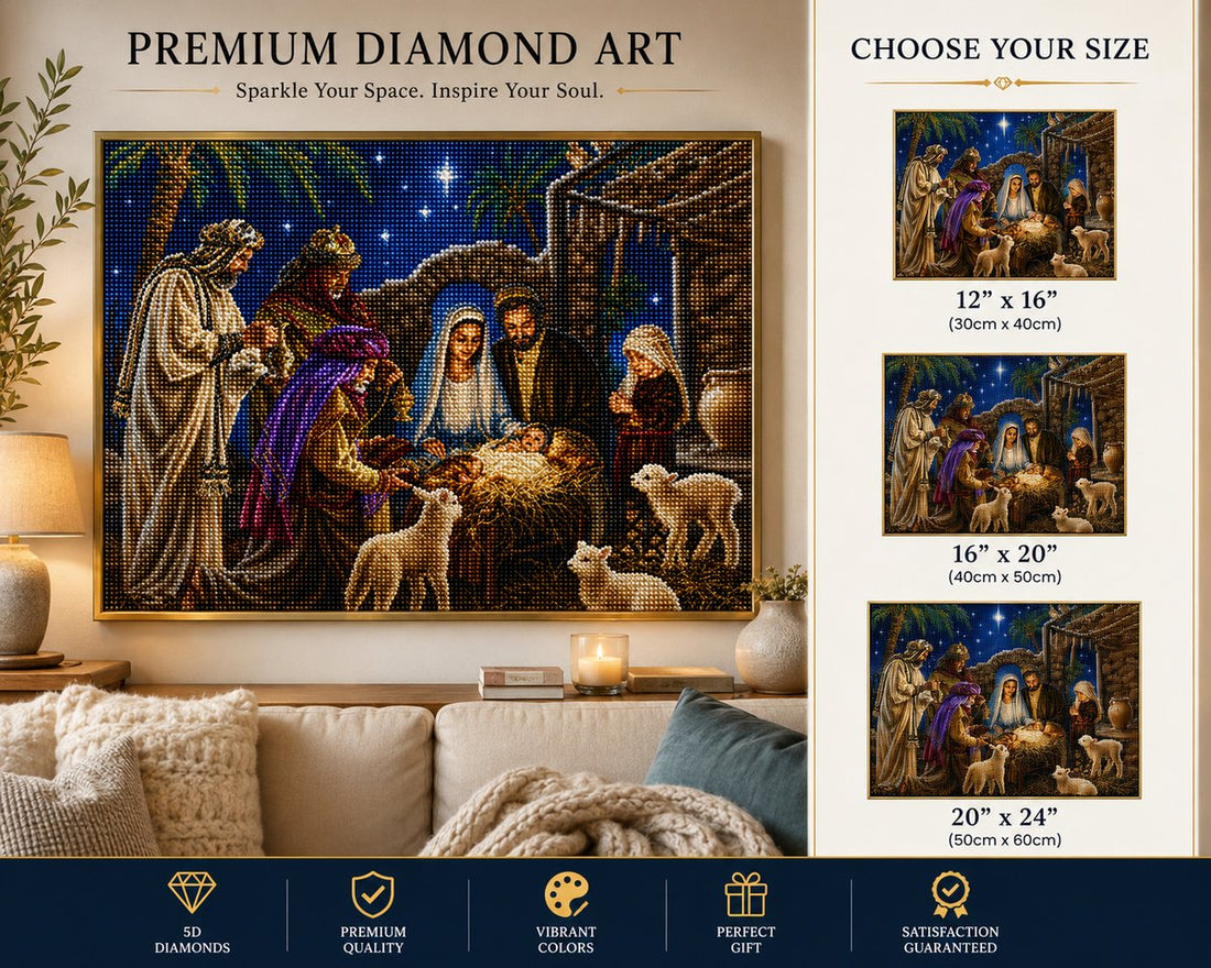 Three Wise Men nativity diamond painting framed on a wall, shown with the size chart
