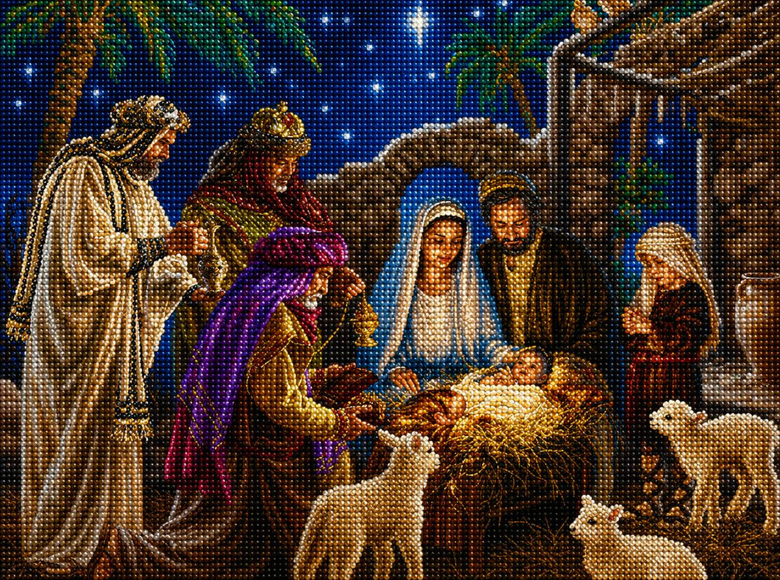 Close up of the finished nativity diamond painting, the Three Wise Men kneeling before the Christ child with Mary, Joseph, and lambs