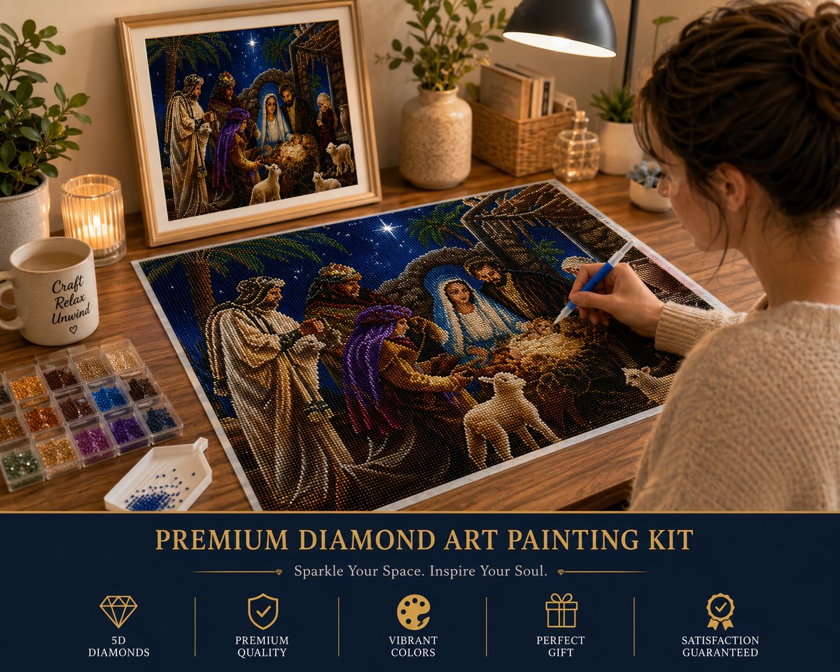Working on the nativity kit at a cozy desk with warm lighting