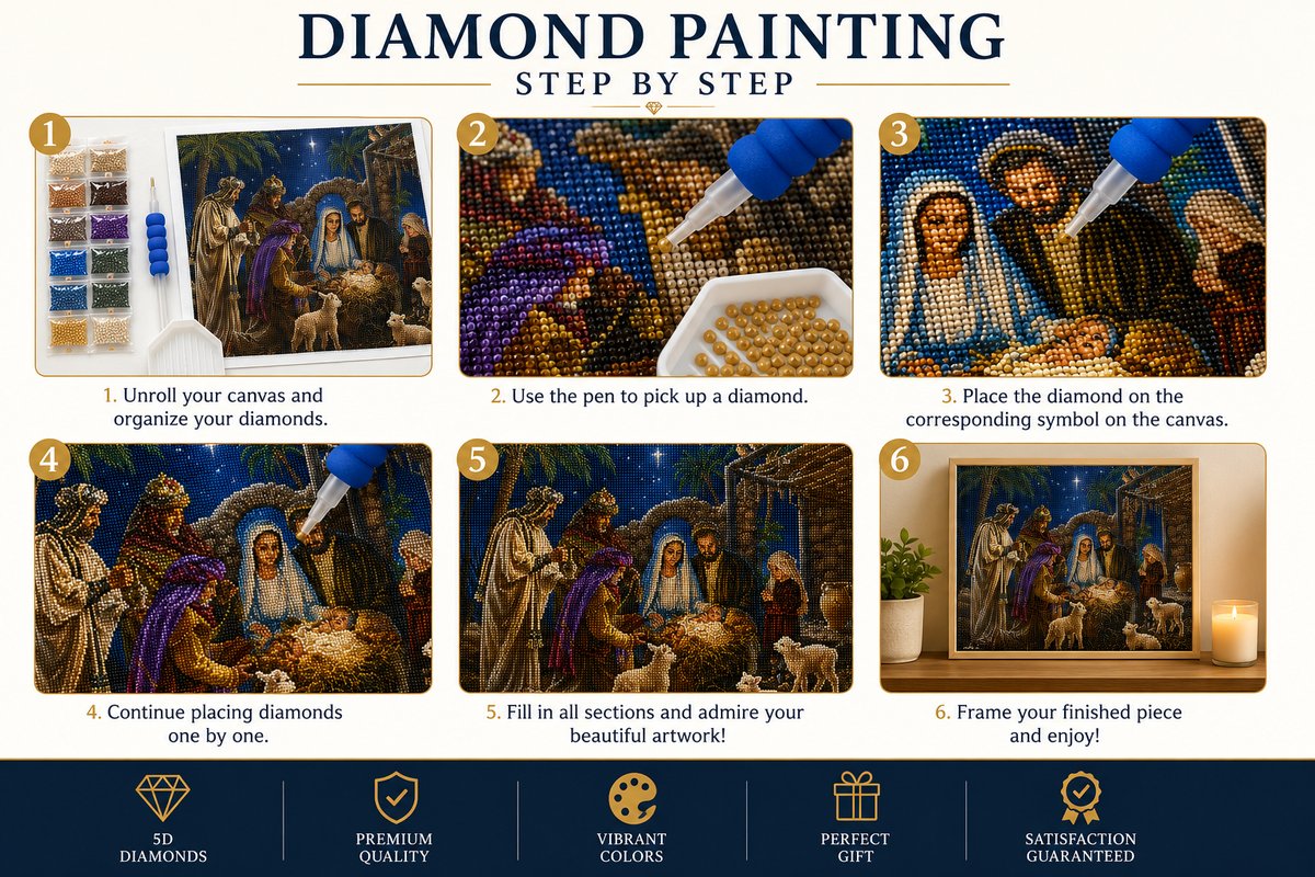 Step by step guide showing how to complete the nativity diamond painting