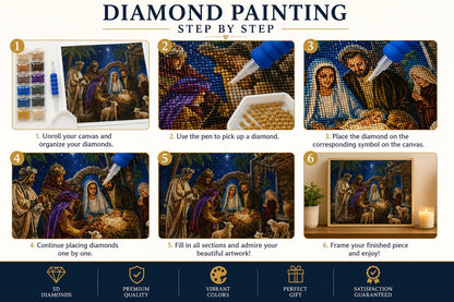Step by step guide showing how to complete the nativity diamond painting