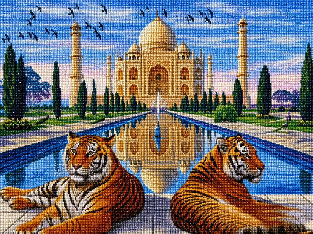 Finished Tiger and Taj Mahal diamond painting kit artwork with two tigers resting before the Taj Mahal and reflecting pool | Azurra Shop